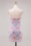 Vestido Curto de Regresso a Casa com Flores Florais Lilás, Shorts Bodycon Straps