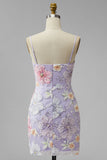 Vestido Curto de Regresso a Casa com Flores Florais Lilás, Shorts Bodycon Straps