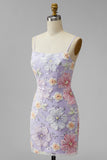 Vestido Curto de Regresso a Casa com Flores Florais Lilás, Shorts Bodycon Straps