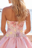 Vestido de regresso a casa em camadas floral cor-de-rosa, sem alças, com lantejoulas