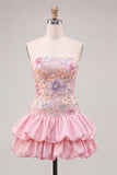 Vestido de regresso a casa em camadas floral cor-de-rosa, sem alças, com lantejoulas
