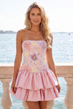 Vestido de regresso a casa em camadas floral cor-de-rosa, sem alças, com lantejoulas