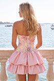 Vestido de regresso a casa em camadas floral cor-de-rosa, sem alças, com lantejoulas