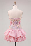 Vestido de regresso a casa em camadas floral cor-de-rosa, sem alças, com lantejoulas