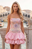 Vestido de regresso a casa em camadas floral cor-de-rosa, sem alças, com lantejoulas