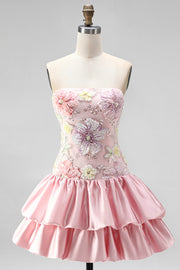 Vestido de regresso a casa em camadas floral cor-de-rosa, sem alças, com lantejoulas