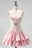 Vestido de regresso a casa em camadas floral cor-de-rosa, sem alças, com lantejoulas