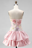 Vestido de regresso a casa em camadas floral cor-de-rosa, sem alças, com lantejoulas