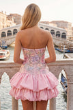 Vestido de regresso a casa em camadas floral cor-de-rosa, sem alças, com lantejoulas