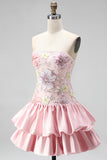 Vestido de regresso a casa em camadas floral cor-de-rosa, sem alças, com lantejoulas
