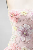 Vestido de regresso a casa em camadas floral cor-de-rosa, sem alças, com lantejoulas