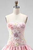 Vestido de regresso a casa em camadas floral cor-de-rosa, sem alças, com lantejoulas