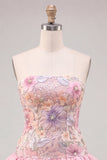 Vestido de regresso a casa em camadas floral cor-de-rosa, sem alças, com lantejoulas