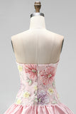 Vestido de regresso a casa em camadas floral cor-de-rosa, sem alças, com lantejoulas