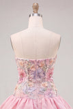 Vestido de regresso a casa em camadas floral cor-de-rosa, sem alças, com lantejoulas