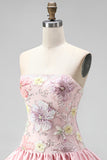 Vestido de regresso a casa em camadas floral cor-de-rosa, sem alças, com lantejoulas