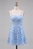 Vestido de Finalistas de Finalistas Florais Azul Claro com Alças Fina