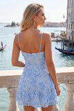 Vestido de Finalistas de Finalistas Florais Azul Claro com Alças Fina