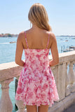 Vestido Curto de Regresso a Casa, Vestido Curto de Boas-Vindas Florais Florais A-Line A-Line Floral com Folhos
