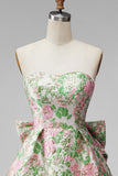 Sweetheart Pink Flower A-Line Jacquard Pearls Vestido de Regresso a Casa com Laço