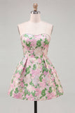 Sweetheart Pink Flower A-Line Jacquard Pearls Vestido de Regresso a Casa com Laço
