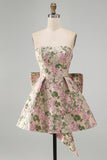 Sweetheart Pink Flower A-Line Jacquard Pearls Vestido de Regresso a Casa com Laço