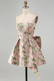 Sweetheart Pink Flower A-Line Jacquard Pearls Vestido de Regresso a Casa com Laço