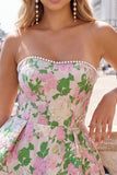 Sweetheart Pink Flower A-Line Jacquard Pearls Vestido de Regresso a Casa com Laço