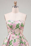 Sweetheart Pink Flower A-Line Jacquard Pearls Vestido de Regresso a Casa com Laço