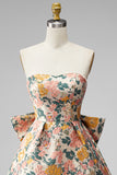 Sweetheart Pink Flower A-Line Jacquard Pearls Vestido de Regresso a Casa com Laço