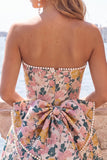 Sweetheart Pink Flower A-Line Jacquard Pearls Vestido de Regresso a Casa com Laço