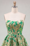 Espartilho A-Line Verde Sweetheart Jacquard Vestido de Regresso a Casa com Folhos