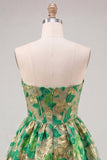 Espartilho A-Line Verde Sweetheart Jacquard Vestido de Regresso a Casa com Folhos