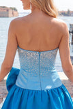Vestido Curto de Regresso a Casa em Linha A, com alças e fúcsia e alças, com laço