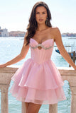 Vestido de Regresso a Casa em Espartilho Cor-de-Rosa em Linha A com Contas