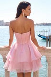 Vestido de Regresso a Casa em Espartilho Cor-de-Rosa em Linha A com Contas