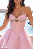 Vestido de Regresso a Casa em Espartilho Cor-de-Rosa em Linha A com Contas