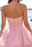 Vestido de Regresso a Casa em Espartilho Cor-de-Rosa em Linha A com Contas