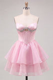 Vestido de Regresso a Casa em Espartilho Cor-de-Rosa em Linha A com Contas
