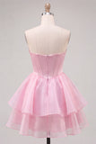 Vestido de Regresso a Casa em Espartilho Cor-de-Rosa em Linha A com Contas
