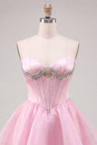 Vestido de Regresso a Casa em Espartilho Cor-de-Rosa em Linha A com Contas