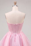 Vestido de Regresso a Casa em Espartilho Cor-de-Rosa em Linha A com Contas