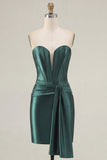 Vestido de Homecoming Bodycon de cetim em cetim verde escuro Corset Sweetheart com faixa