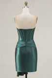Vestido de Homecoming Bodycon de cetim em cetim verde escuro Corset Sweetheart com faixa