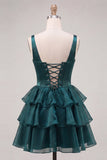 Espartilho A-Line Escuro em camadas, alças grossas, vestido de regresso a casa com renda nas costas