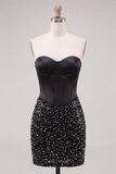 Sweetheart Bodycon Corset Preto Pérolas Vestido de Regresso a Casa com Renda nas Costas