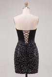 Sweetheart Bodycon Corset Preto Pérolas Vestido de Regresso a Casa com Renda nas Costas