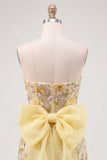 Vestido de Regresso a Casa Amarelo Body-Con Lantejoulas Bodycon, Floral Vestido com Laço