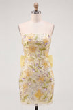 Vestido de Regresso a Casa Amarelo Body-Con Lantejoulas Bodycon, Floral Vestido com Laço