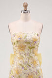 Vestido de Regresso a Casa Amarelo Body-Con Lantejoulas Bodycon, Floral Vestido com Laço